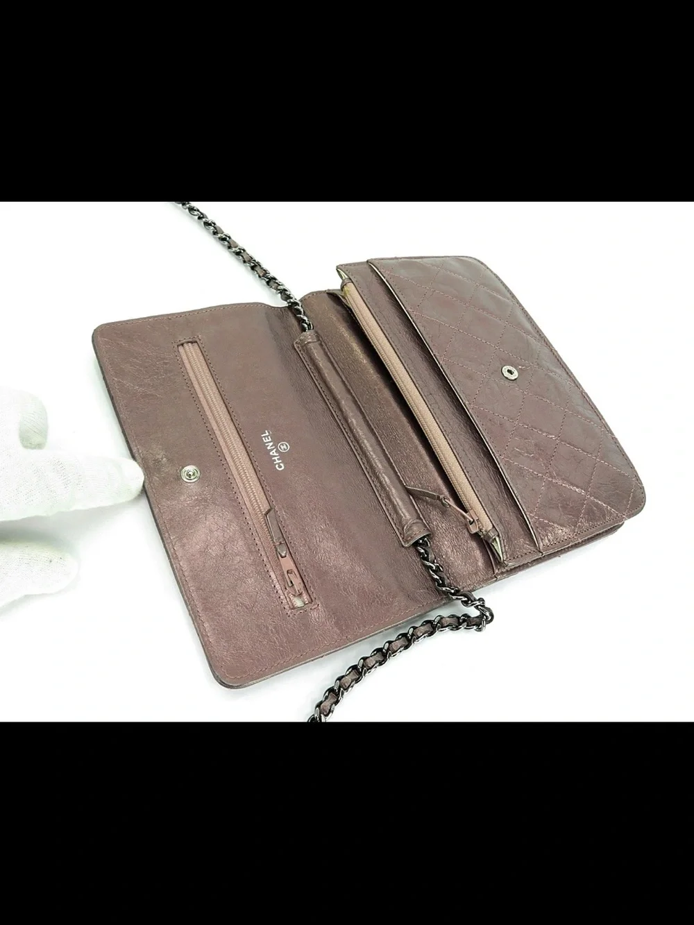CHANEL Quilted Metallic Rose Pink Chain Crossbody Bag
